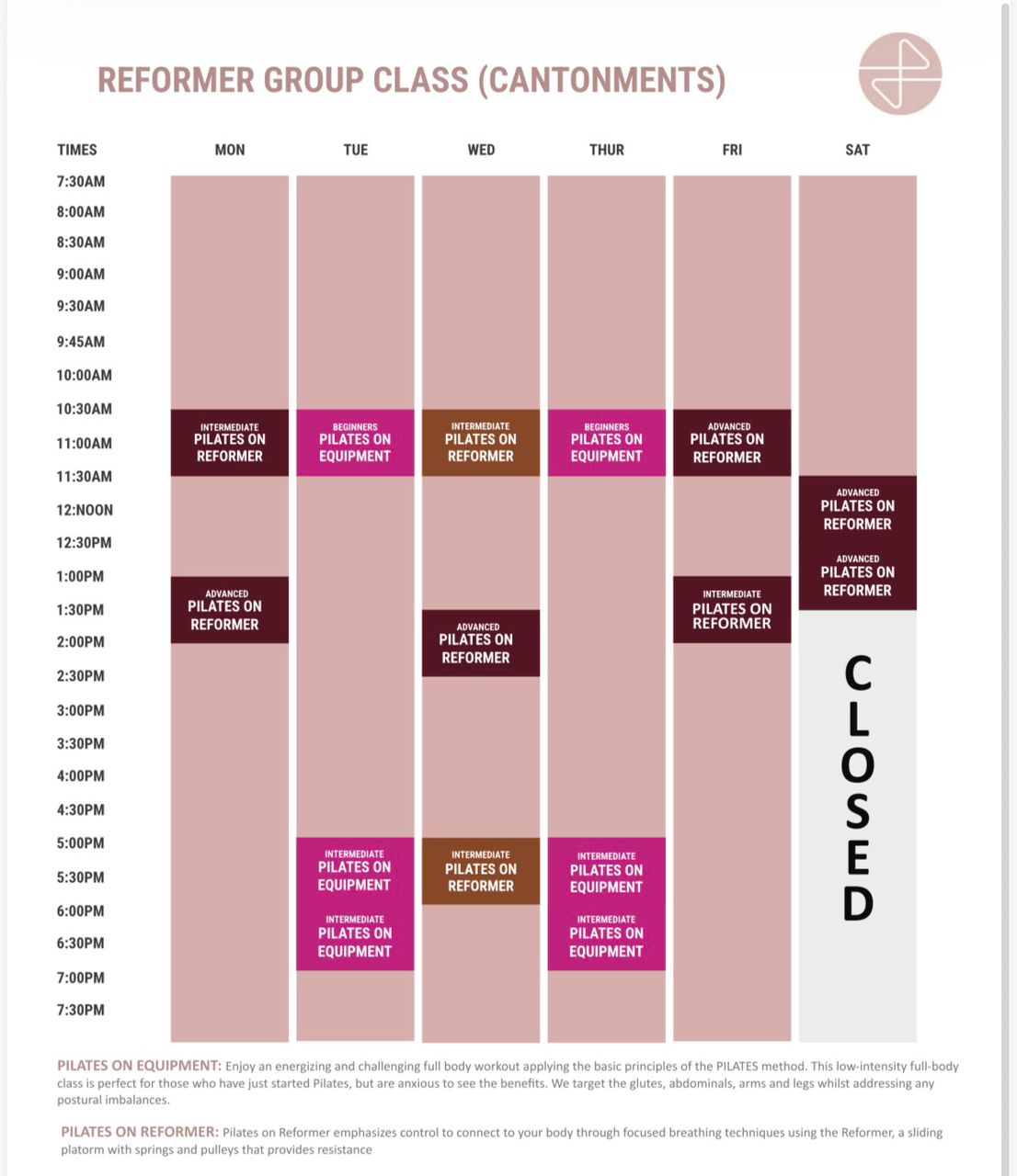 Scheduled calendar for Mat and Yoga classes